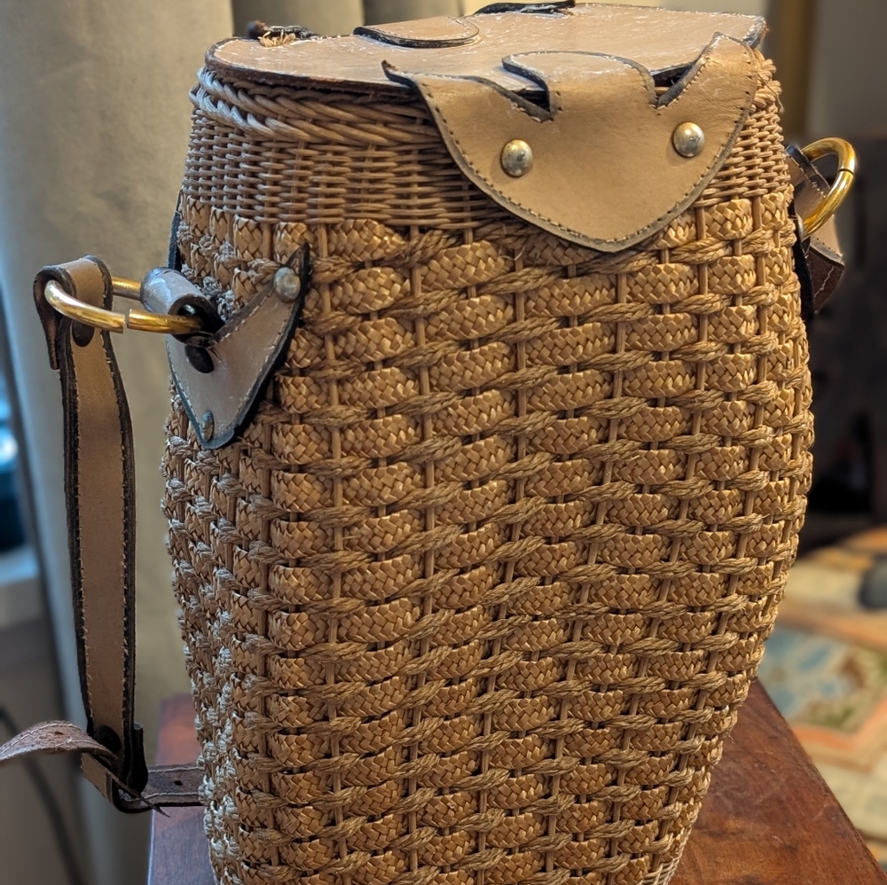 Vintage French woven basket purse or wine carrier with leather top and straps